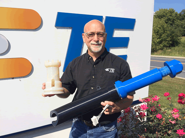 TE’s Bob Zubricki shows off some impressive results from the company’s 3D printing operation.