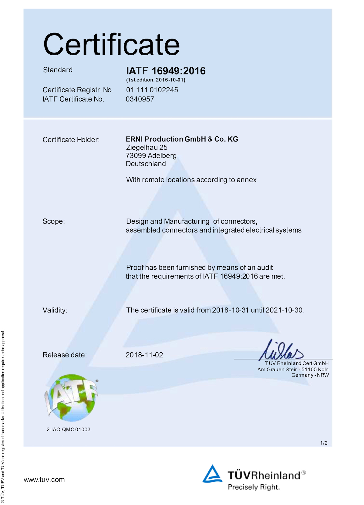 February 2019 Connector Industry News: ERNI-IATF-Certification