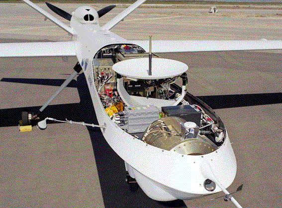 MQ9 Reaper UAV, with cover off to show satellite antenna and sensors with extensive cabling.