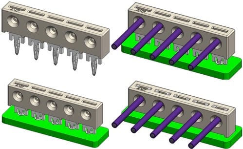 AVX’s 53-8702 Series IDC/Press-Fit WTB connector pressed into a PCB (left) and with wires inserted and pressed into a PCB (right).