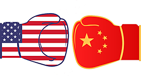 U.S. and China tensions illustrated by flag-themed boxing gloves