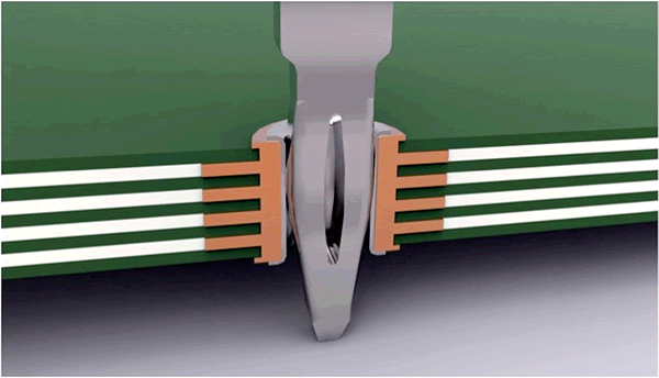 Figure 1: Above is a CAD drawing of AVX Interconnect’s Varipin press-fit pin contact technology, which provides a robust connection between a printed circuit board (PCB) and a pin. In this cross section, the contact (pin) part of the connector is inside a plated thru-hole on a PCB.