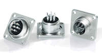 M16 miniature flange sockets with square flange mounting from Binder are available with 2 – 19 pins and with pre-wired
