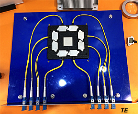 At DesignCon 2019, TE demonstrated a large LGA socket consisting of a series of mid-board optical transceivers