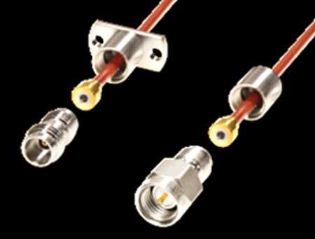 Standard field-replaceable connectors are shown ready to mate with trimmed central conductors extending from bushings attached to semi-rigid cables. The end piece secures the cable bushing and connector together to produce an in-line or flanged panel-mount cabled assembly. Thread-in FR connectors are easily replaced. The FR cable-to-socket mating interface permits stress-free cable movement. Electrical performance sees benefits by eliminating soldering of the center conductor. (Direct-solder and field-replaceable cable graphics by Southwest Microwave)