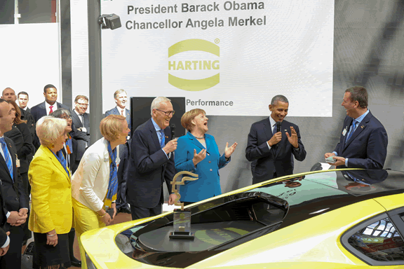President Obama and Chancellor Merkel visit HARTING at Hannover Messe (source: HARTING)