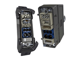 Rectangular connector housings using modular inserts enable designers to integrate a variety of power, signal, data and other connections in a compact space. (Photo courtesy of HARTING, Inc. of North America)