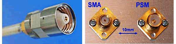 Left: PSM plug with .141 cable (interlocking dielectrics eliminate air space); Right: 0.5” square base common with SMA [Connectors by HUBER+SUHNER. Photos from technical paper “Power Sub-Miniature (PSM) Connectors for Space Applications” presented at Space Passive Component Days, 1st International Symposium, September 2013, ESA/ESTEC, Noordwijk, The Netherlands.]