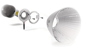 Figure 3. TE Connectivity’s Lumawise Z50 LED holder (from left: heat sink, LED module, LED holder, optic attachment ring, and optic reflector)